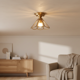 Brass Semi Flush Mount Ceiling Light Glass Panel Scalloped Shade