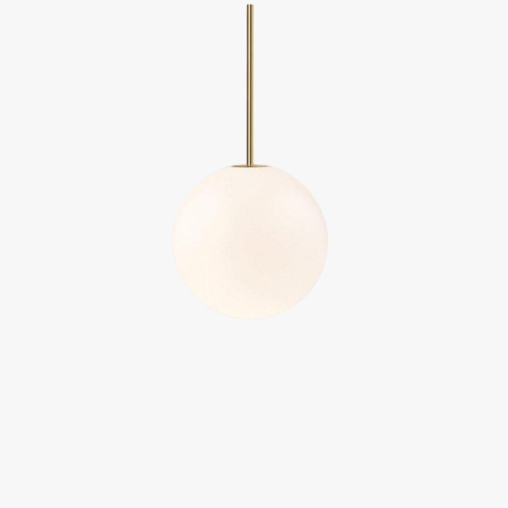 Opal glass globe pendant on a rigid brass stem, gold finish, view 1