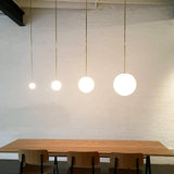 Brass stem globe pendant light with a black rod finish, view 2