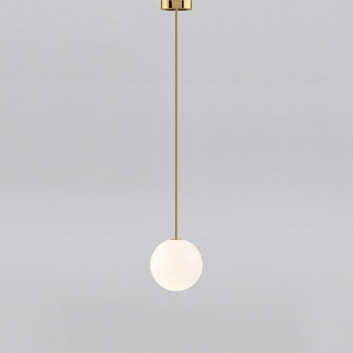 Brass rod pendant light with a 3.6 inch opal glass globe, view 17