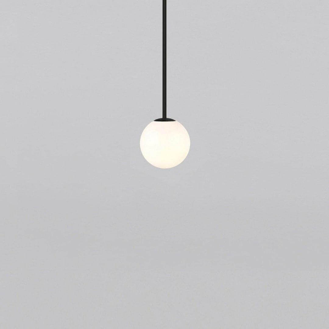 Opal glass sphere pendant on a slim vertical metal stem, view 22