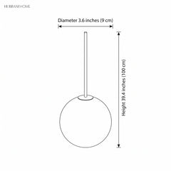 Line drawing of globe pendant, 39.4 inch drop by 3.6 inch diameter