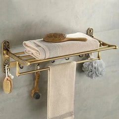 Brass Towel Rack – Foldable Antique Wall Mounted Shelf with Hooks - Hurbane Home