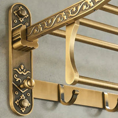 Brass Towel Rack – Foldable Antique Wall Mounted Shelf with Hooks - Hurbane Home