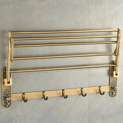 Brass Towel Rack – Foldable Antique Wall Mounted Shelf with Hooks - Hurbane Home