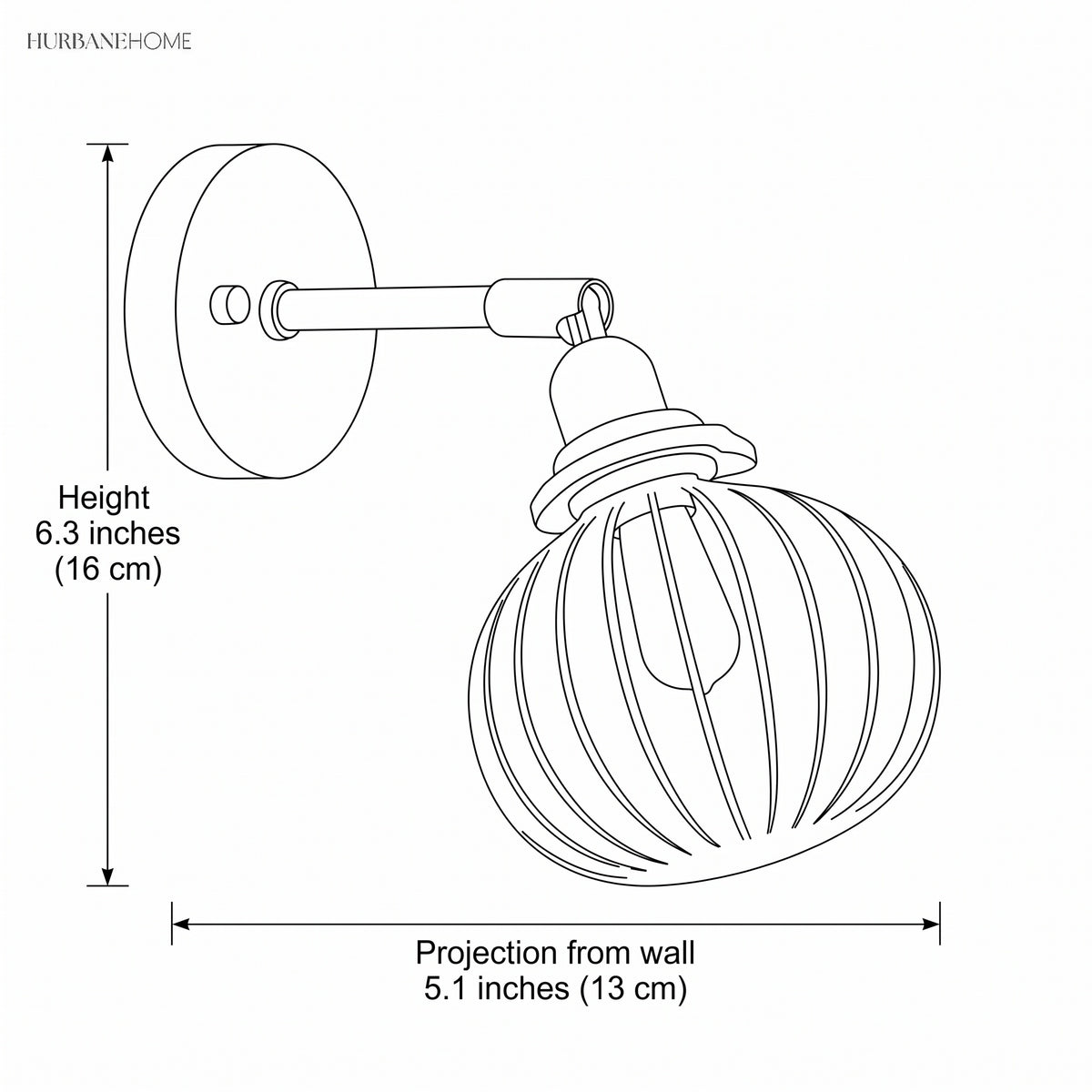 Dimension drawing of the sconce, 6.3 inches high with 5.1 inch projection