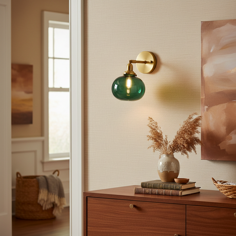 Brass Wall Sconce with Rounded Glass Shade and Metal Arm