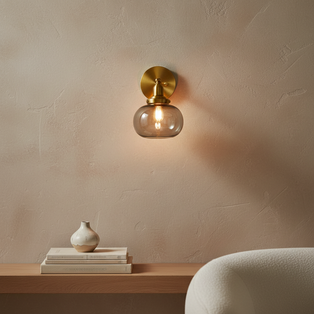 Brass Wall Sconce with Rounded Glass Shade and Metal Arm