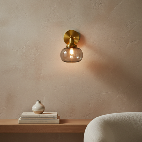 Brass Wall Sconce with Rounded Glass Shade and Metal Arm