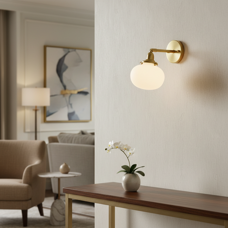 Brass Wall Sconce with Rounded Glass Shade and Metal Arm