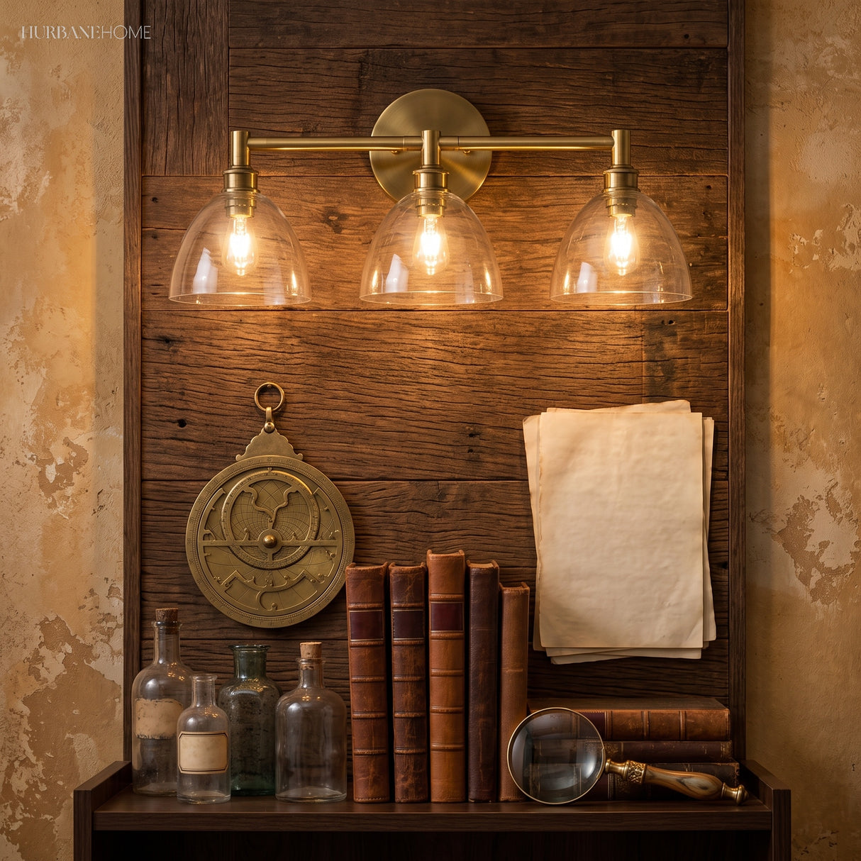 Brass sconce with seeded glass dome mounted on a pale wall