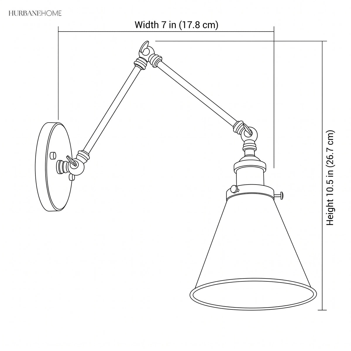 Line drawing of the sconce with width 7 in and height 10.5 in