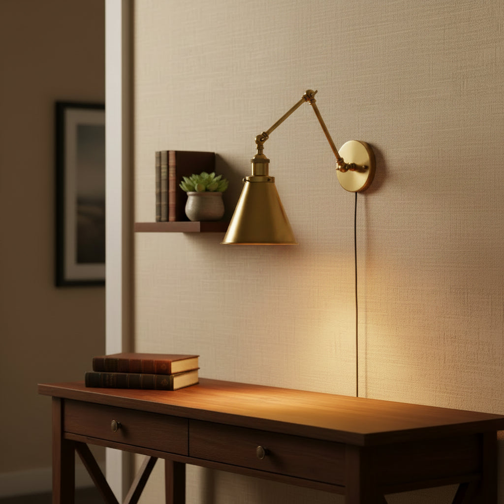 Brass sconce with a deep horn shade angled down on white