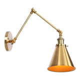 Brass swing arm sconce with a deep horn shade, shown unlit