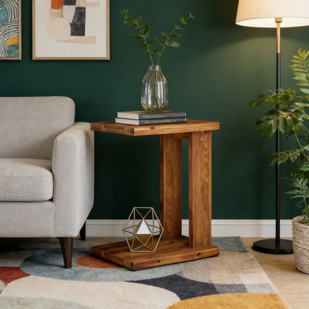 C Shaped Side Table - Solid Wood Rustic Sofa End Table - Rustic End Table - Hurbane Home