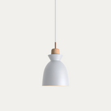 White dome pendant shade with wood collar viewed against a plain background
