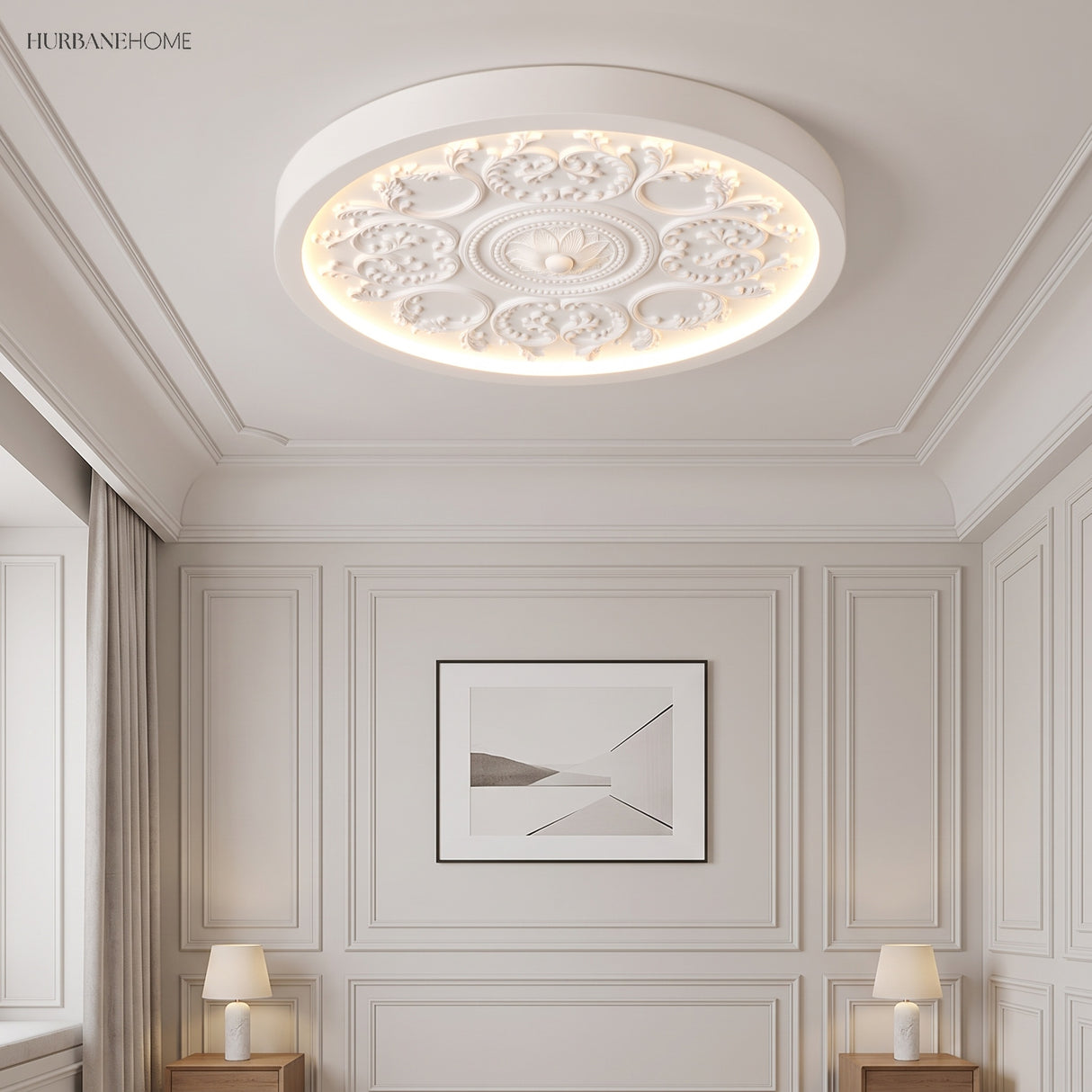 Carved relief LED flush mount ceiling light in a styled interior