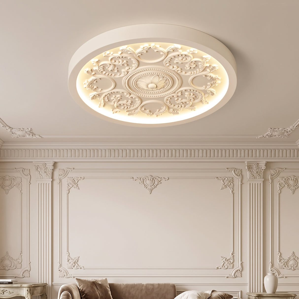 Round carved relief LED flush mount ceiling light, product photo