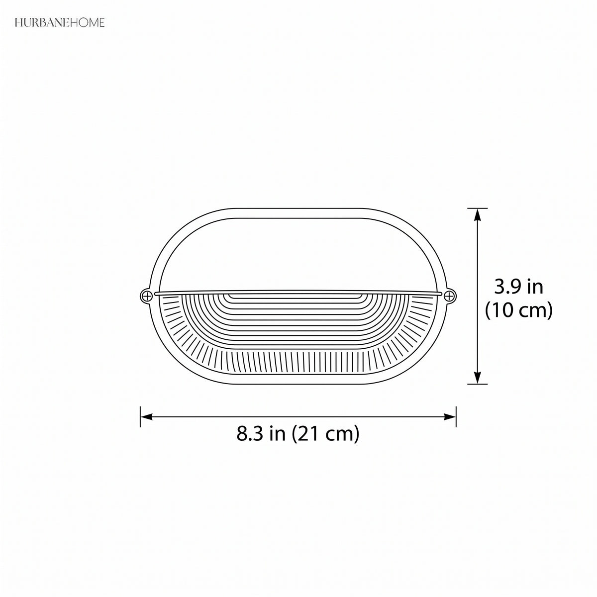 Dimension drawing of the oval fitting at 8.3 inches long and 3.9 inches high