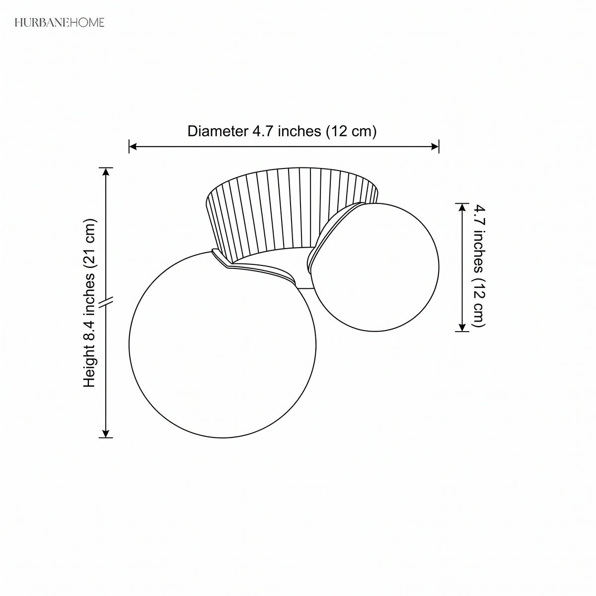 Line drawing of the ceiling light marked 4.7 inches across and 8.4 inches deep