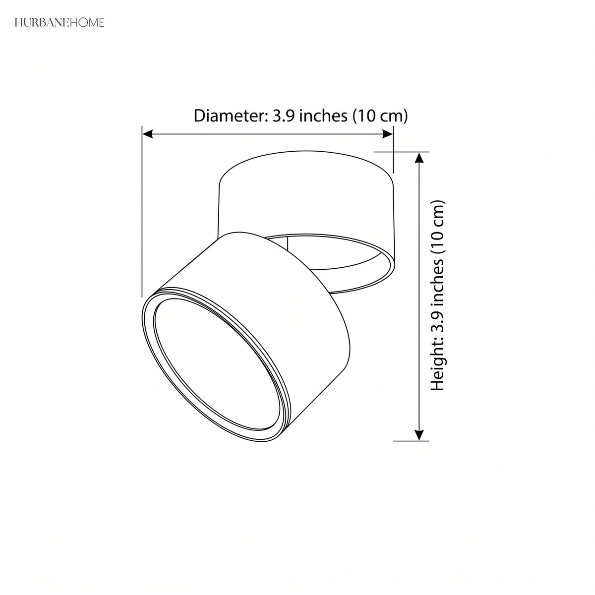 Line drawing of the spot light marked 3.9 inches diameter and 3.9 inches height
