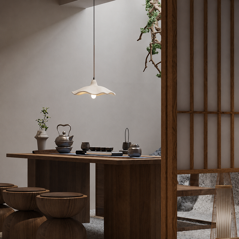 Side profile of the wavy off-white cement flower pendant light shade