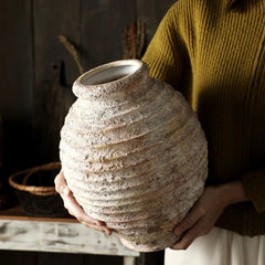 Ceramic Clay Vase – Vintage Handmade Distressed Vase for Dried Flowers - Hurbane Home