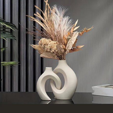 Ceramic Modern Vase – Nordic Hollow White Vase Set for Shelves - Hurbane Home