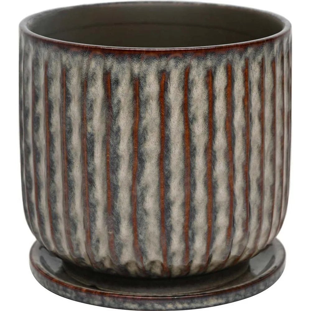 Ceramic Planter – 8 - Inch Textured Taupe Pot with Saucer - Hurbane Home