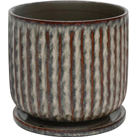 Ceramic Planter – 8 - Inch Textured Taupe Pot with Saucer - Hurbane Home
