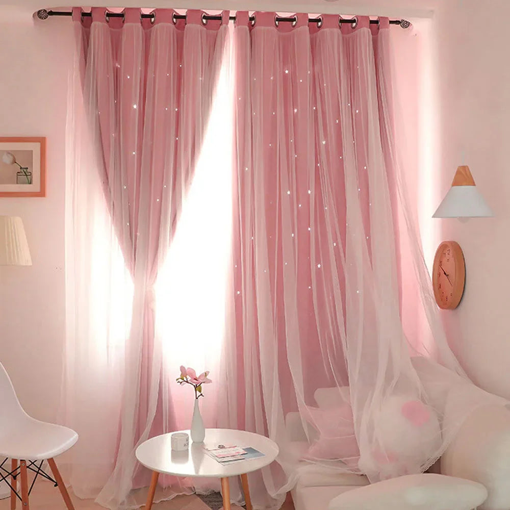 Childrens pink blackout curtains with star pattern