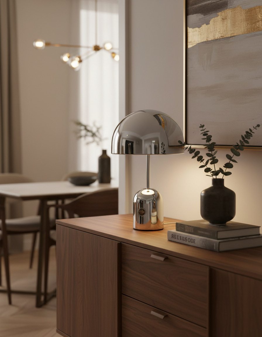 Chrome dome lamp on a sideboard beside a vase of eucalyptus stems