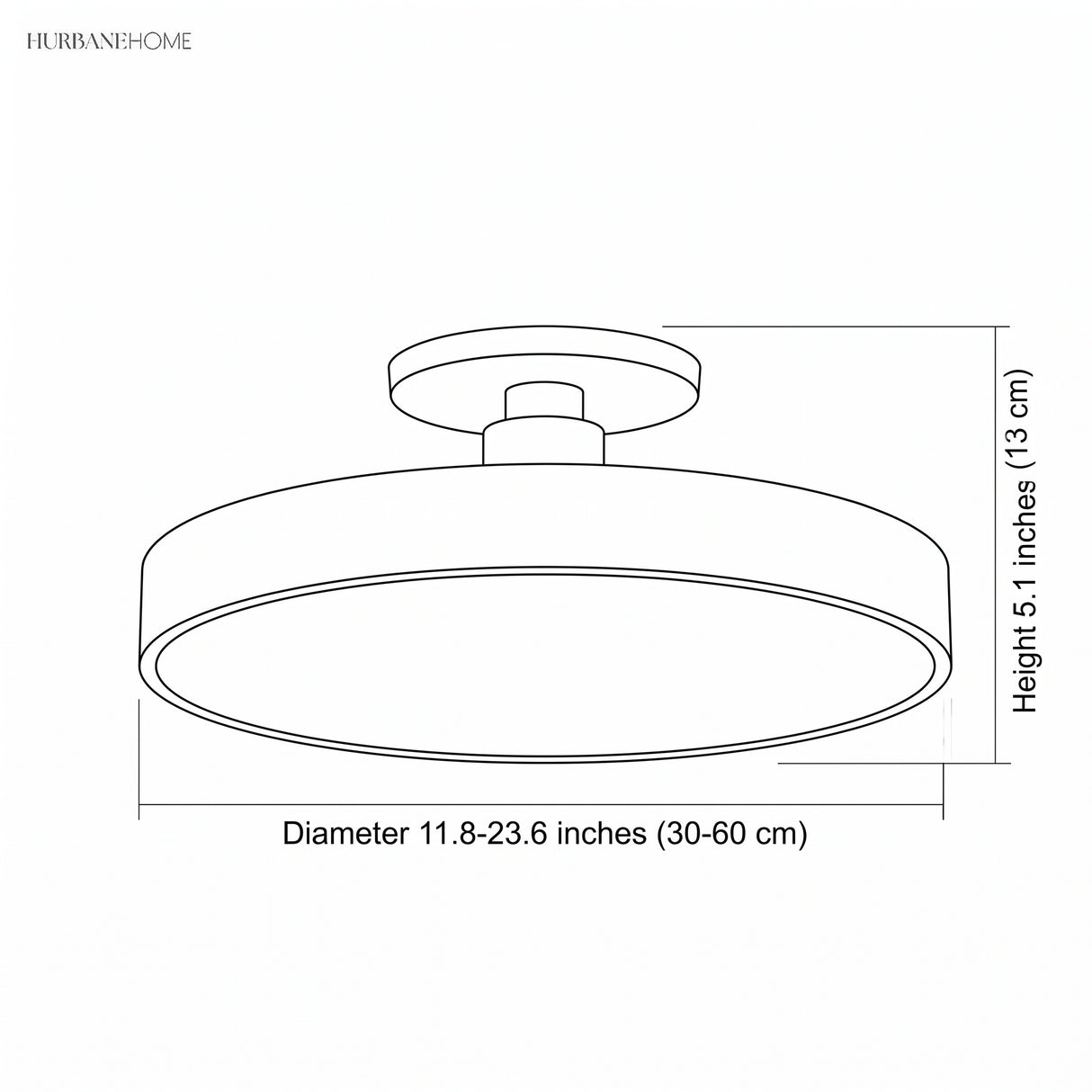Dimension diagram: circular semi flush ceiling light, diameter 11.8 to 23.6 inches, height 5.1 inches
