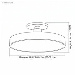 Dimension diagram: circular semi flush ceiling light, diameter 11.8 to 23.6 inches, height 5.1 inches