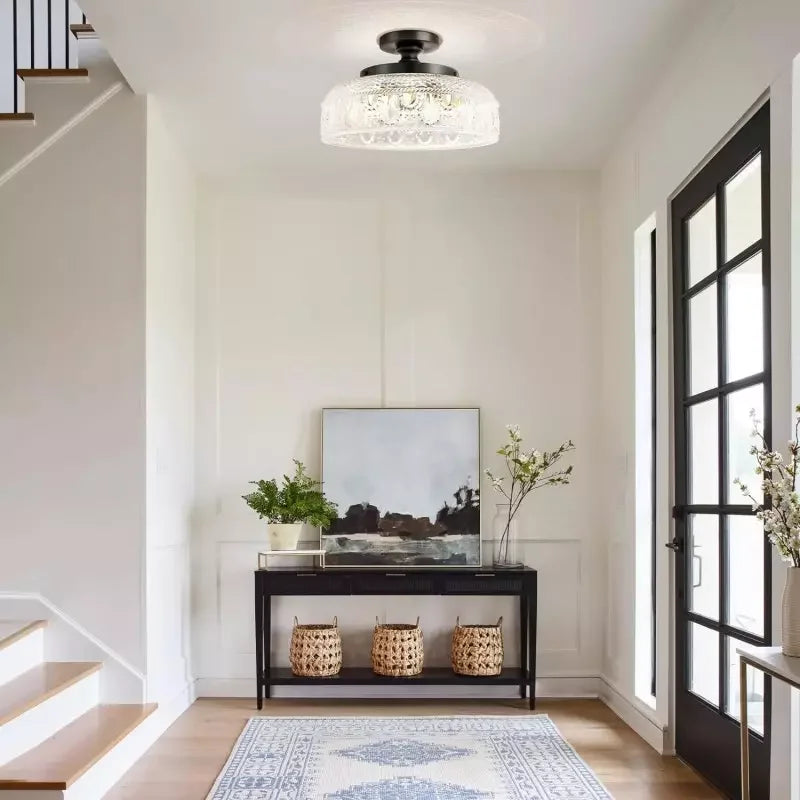 Clear carved glass drum ceiling light detail
