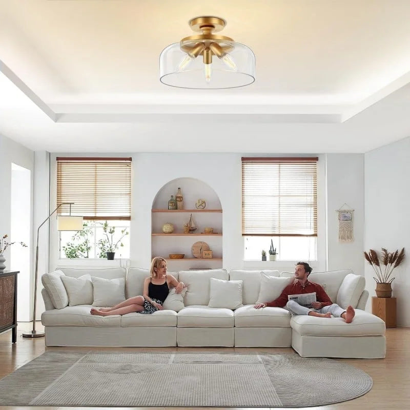 Clear carved glass ceiling light lit view