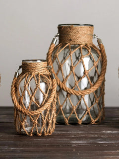 Clear Glass Vase – Hand - Woven Hemp Rope Boho Nordic Decor - Hurbane Home