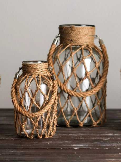 Clear Glass Vase – Hand - Woven Hemp Rope Boho Nordic Decor - Hurbane Home