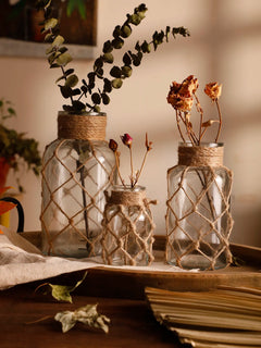Clear Glass Vase – Hand - Woven Hemp Rope Boho Nordic Decor - Hurbane Home