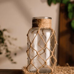 Clear Glass Vase – Hand - Woven Hemp Rope Boho Nordic Decor - Hurbane Home