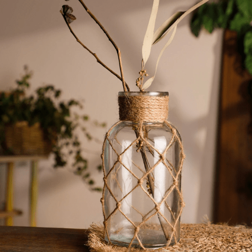 Clear Glass Vase – Hand - Woven Hemp Rope Boho Nordic Decor - Hurbane Home