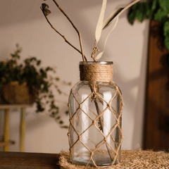 Clear Glass Vase – Hand - Woven Hemp Rope Boho Nordic Decor - Hurbane Home