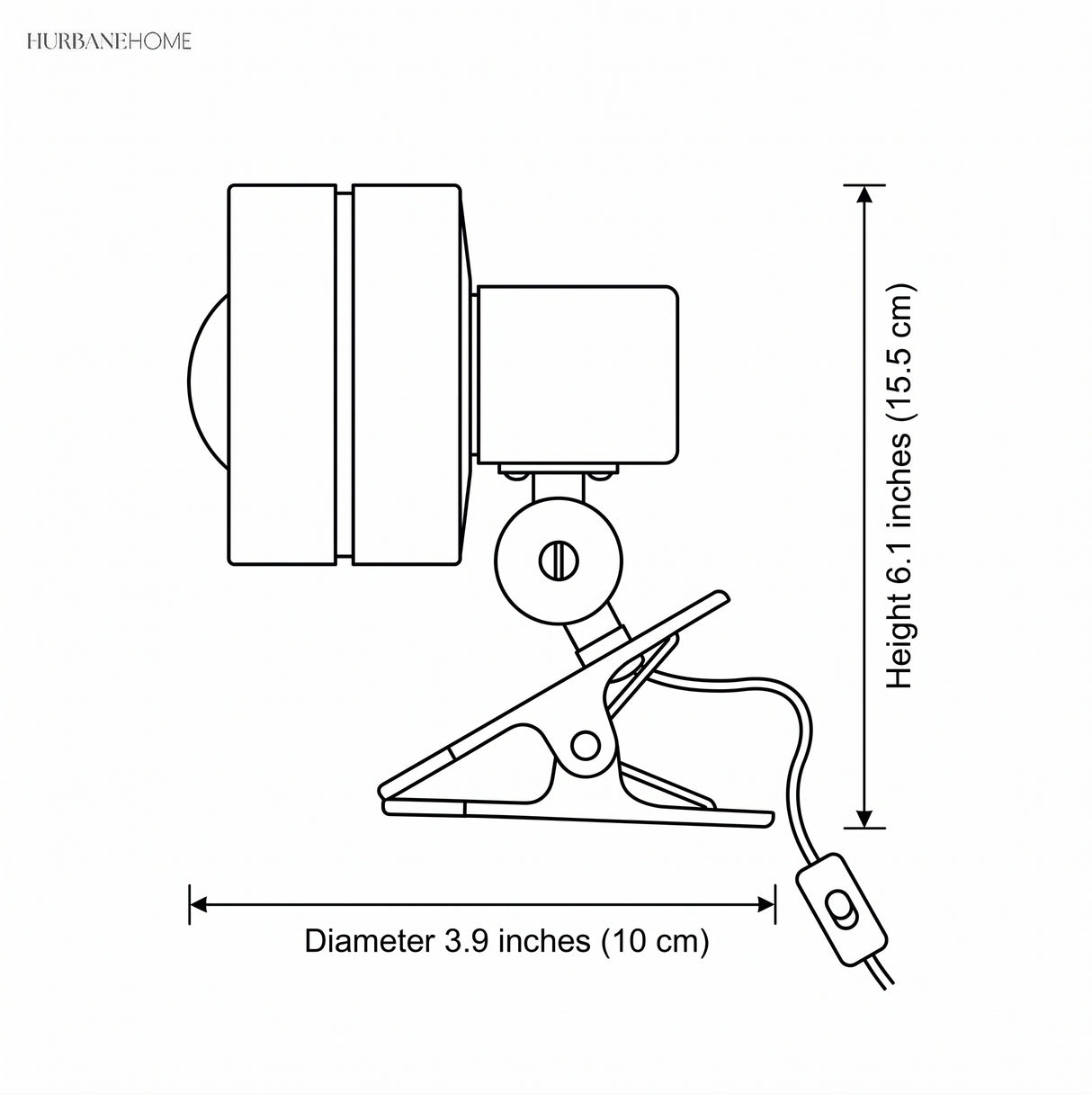 Clip-on spotlight reading lamp dimensions diagram