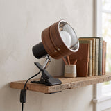 Wood and metal clip-on spotlight reading lamp, product photo