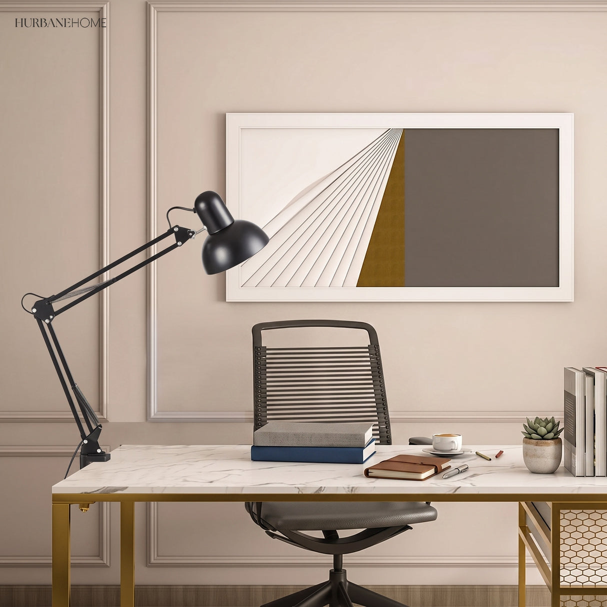 Long arm clip-on desk lamp lighting a bright workspace