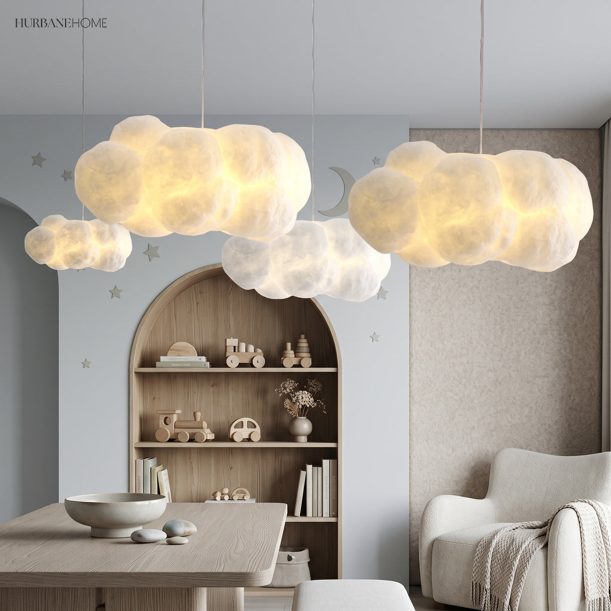 Cloud pendant light glowing softly in a cosy bedroom nook
