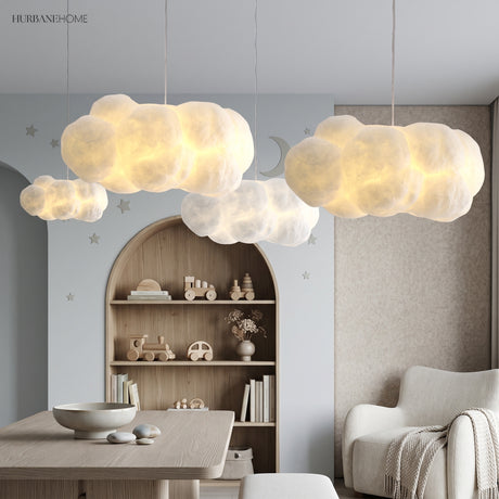 Cloud pendant light glowing softly in a cosy bedroom nook
