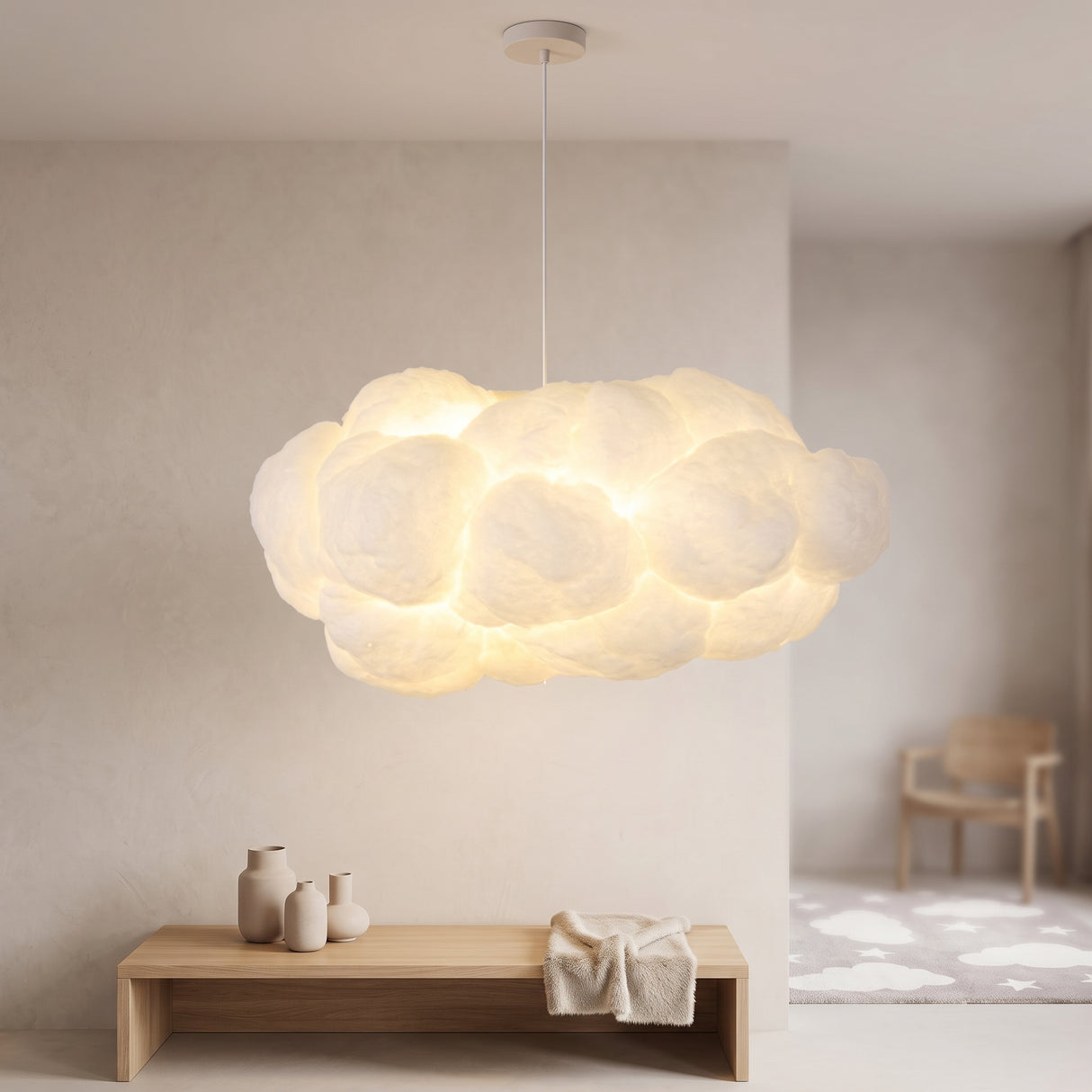 Cloud pendant light with a soft white fabric shade in a modern room