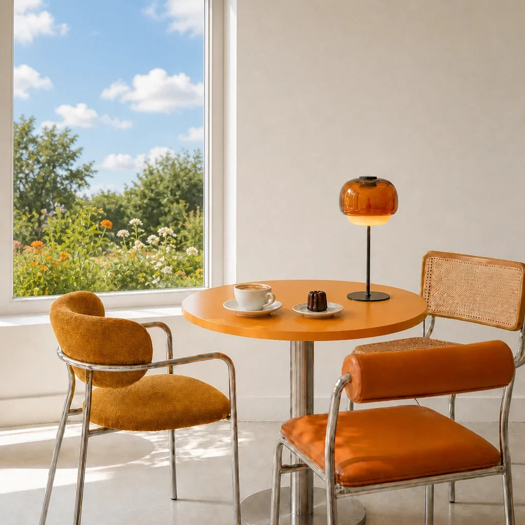 Side profile of the amber glass table lamp on a plain background