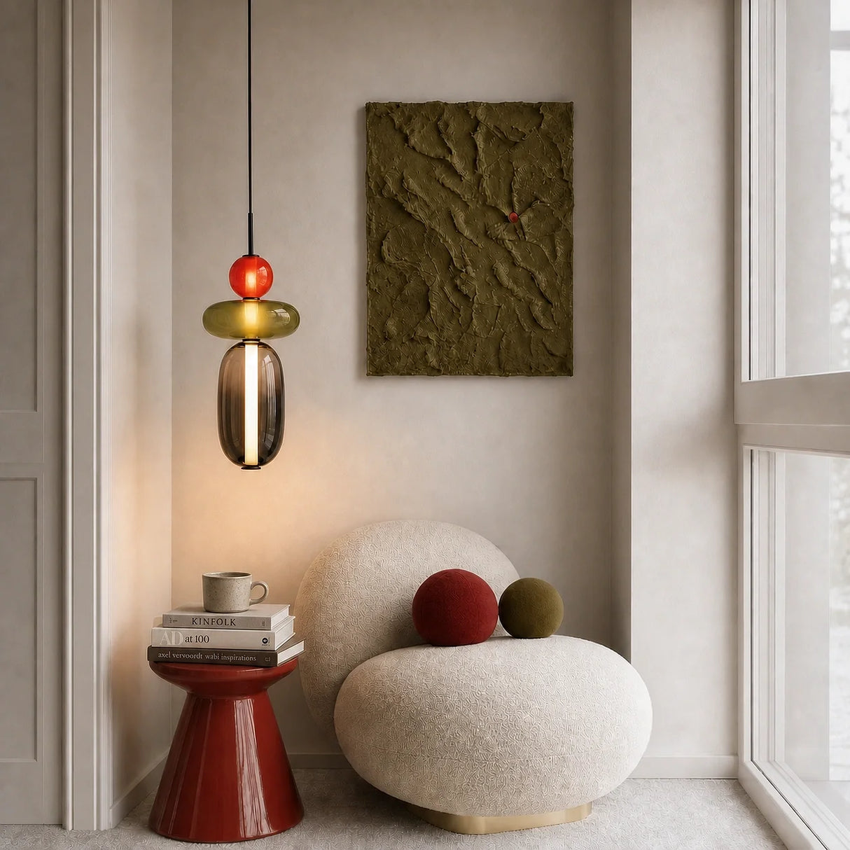 Modern LED pendant light in green glass shown against a neutral backdrop